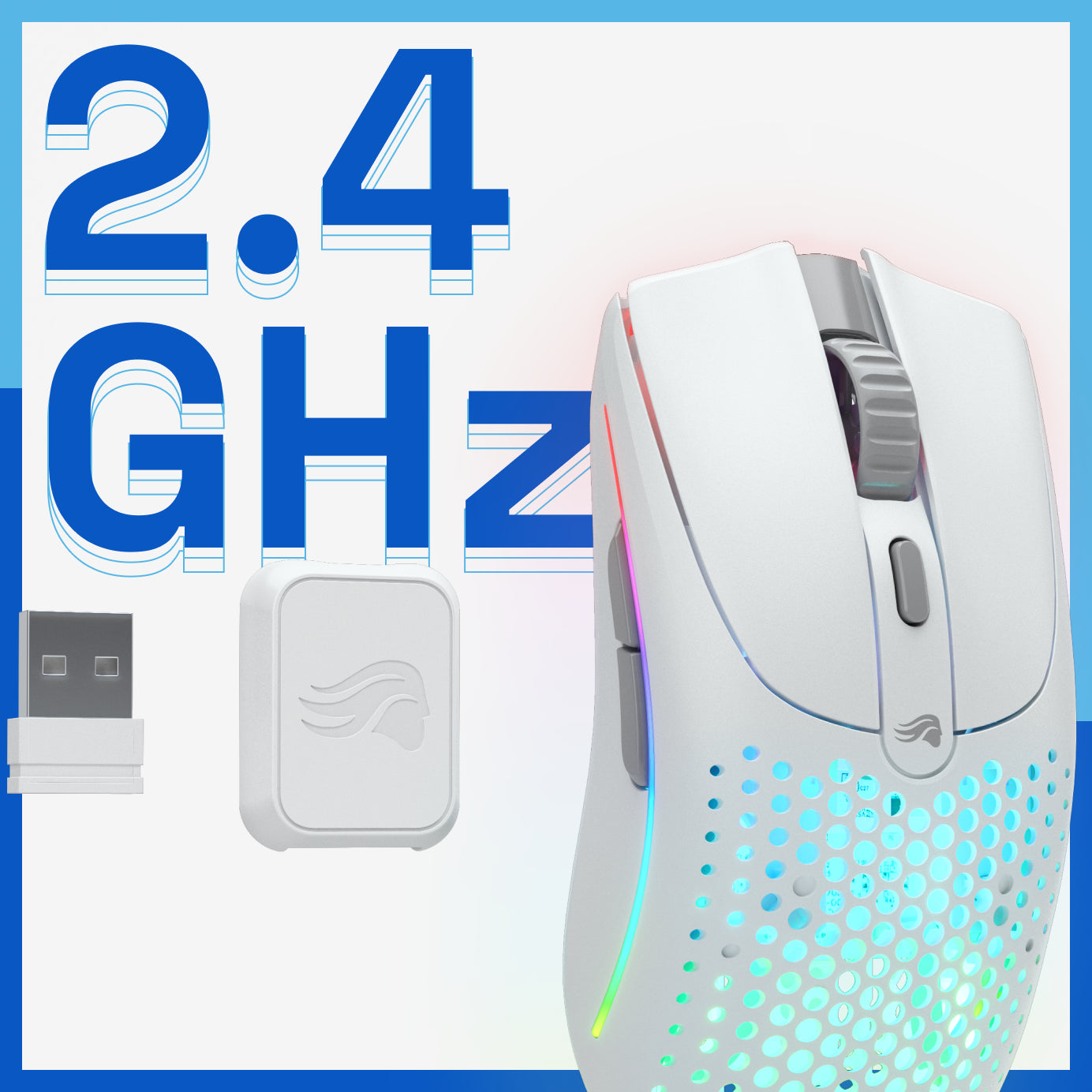 Model O 2 Wireless mouse in White shown next to the wireless receiver extender for 2.4GHz wireless connection